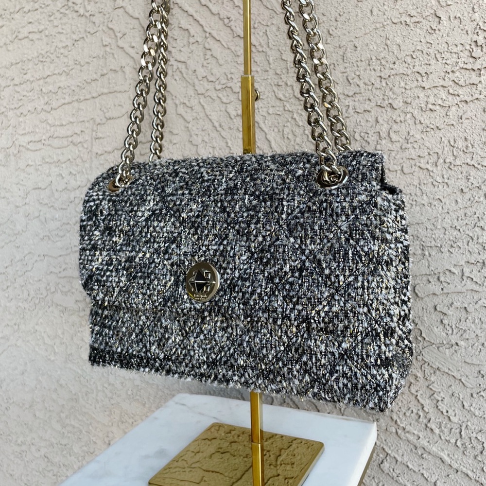 KATE SPADE Silver Black Tinsel Tweed Quilted Natalia Flap Satchel Shoulder Bag
